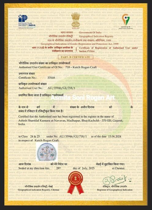 Ashish Kansara's Kutch Rogan Craft Authorised Users certificate