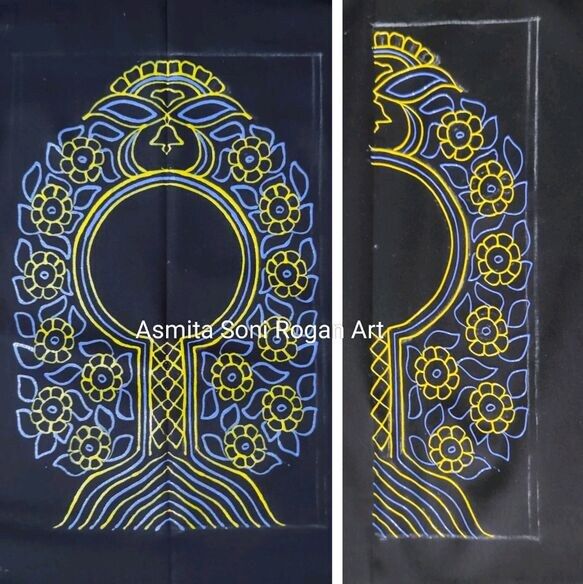 અડધું રોગાન ચિત્ર અને સામેની બાજુ એની છાપ મેળવેલું ચિત્ર. Rogan painting fooled and without folded  