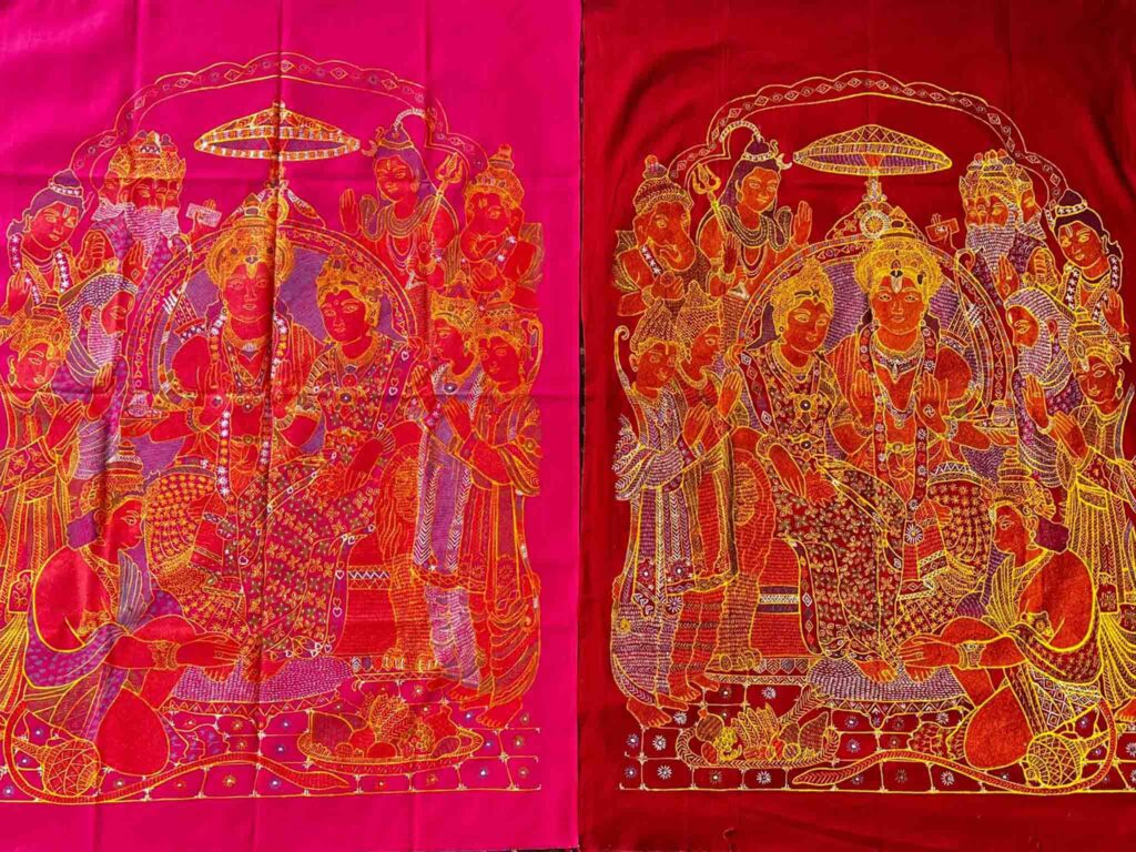 A detailed Rogan silk painting of a Hindu deity, such as Lord Rama or Tirupati Balaji, showcasing the innovation of figurative art in the traditional oil medium.