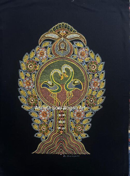 The Kunj birds in Rogan painting by Ashish Kansara